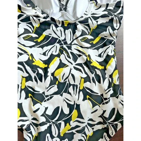 DKNY Women's Ruffle Neck One-Piece Swimsuit Fluorescent Yellow Black & White XL - Picture 8 of 10